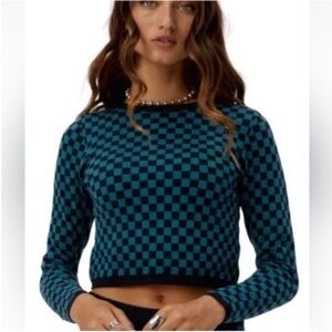 NWT Daydreamer Checkered Long Sleeve Crop Top Size L